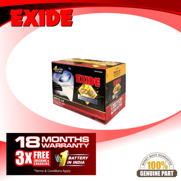 EXIDE Gold DIN72L-LH - India No.1 Battery - 18 Months Warranty - 3x Free Charging and Checking